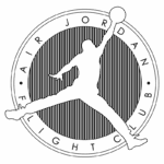 Logotipo da Air Jordan Flight Club, apresentando a silhueta icônica de um jogador de basquete saltando para fazer uma cesta, com detalhes em preto e branco e um fundo circular. Ideal para fãs de moda urbana e cultura do basquete.