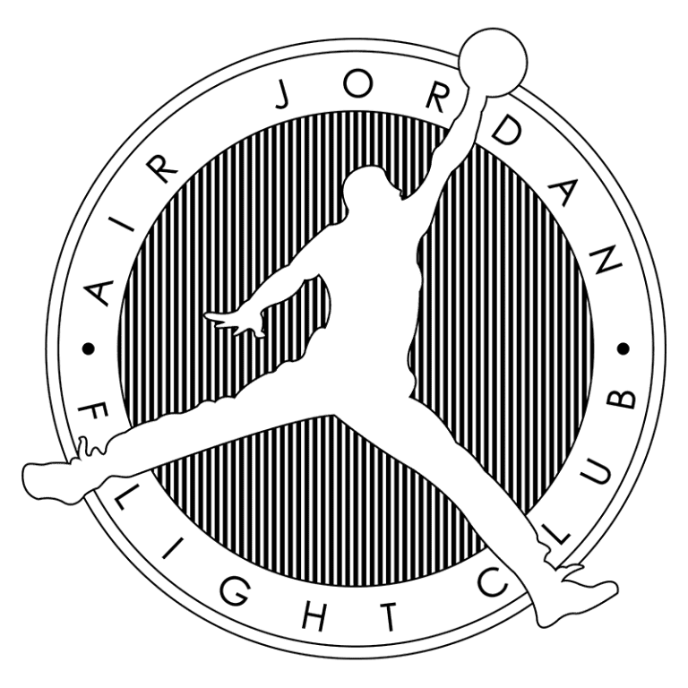 Logotipo da Air Jordan Flight Club, apresentando a silhueta icônica de um jogador de basquete saltando para fazer uma cesta, com detalhes em preto e branco e um fundo circular. Ideal para fãs de moda urbana e cultura do basquete.