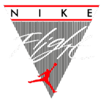 Logotipo da Nike Flight, apresentando o nome em estilização cursiva e a silhueta icônica de Michael Jordan em vermelho, dentro de um triângulo com linhas verticais cinzas e uma faixa superior vermelha e branca.