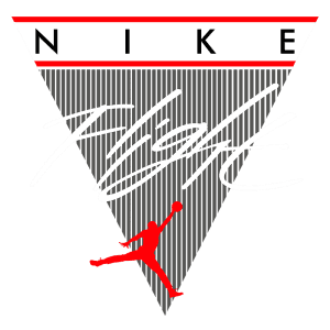 Logotipo da Nike Flight, apresentando o nome em estilização cursiva e a silhueta icônica de Michael Jordan em vermelho, dentro de um triângulo com linhas verticais cinzas e uma faixa superior vermelha e branca.