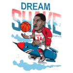 Ilustração de jogador de basquete estilizado, com a palavra "DREAM SHAKE" em destaque. Ele usa uniforme do Houston Rockets e está sentado em um foguete, driblando uma bola de basquete, com um fundo de nuvens. Ideal para fãs de basquete e cultura pop.