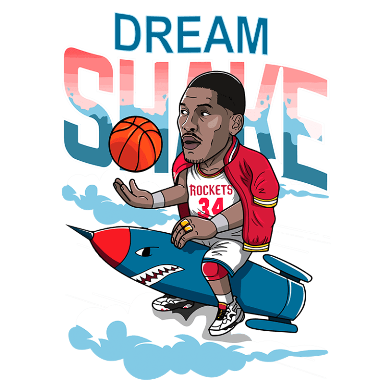 Ilustração de jogador de basquete estilizado, com a palavra "DREAM SHAKE" em destaque. Ele usa uniforme do Houston Rockets e está sentado em um foguete, driblando uma bola de basquete, com um fundo de nuvens. Ideal para fãs de basquete e cultura pop.