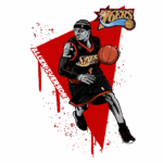 Imagem estilizada de Allen Iverson jogando basquete, vestindo o uniforme do Philadelphia 76ers, com detalhes vibrantes e um fundo vermelho dinâmico. Ideal para fãs de basquete e cultura pop.