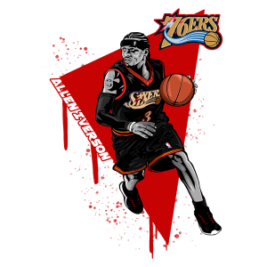 Imagem estilizada de Allen Iverson jogando basquete, vestindo o uniforme do Philadelphia 76ers, com detalhes vibrantes e um fundo vermelho dinâmico. Ideal para fãs de basquete e cultura pop.