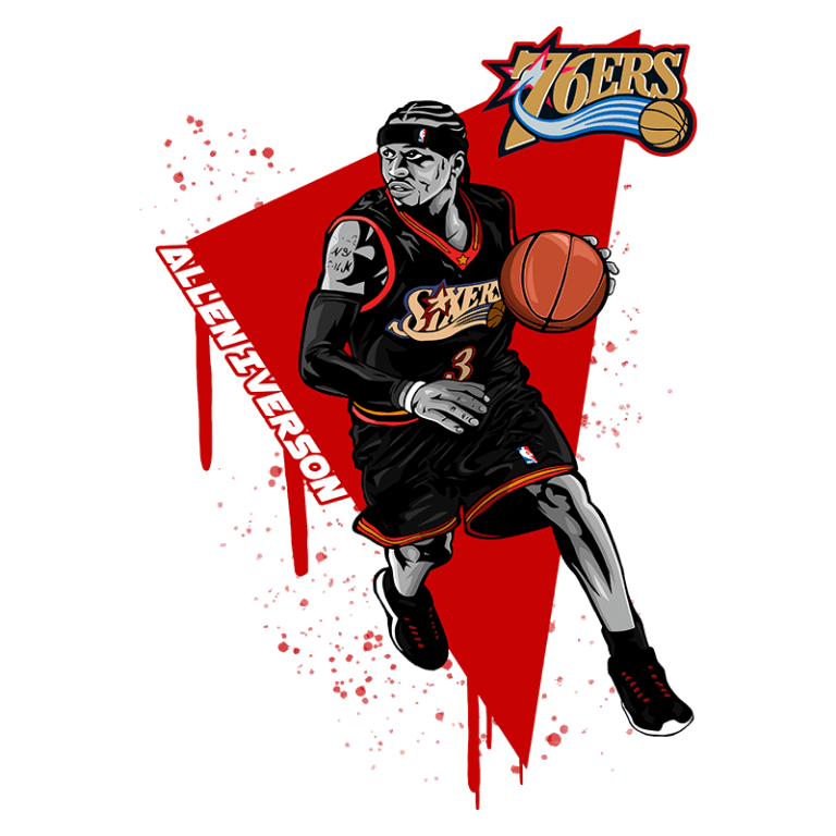 Imagem estilizada de Allen Iverson jogando basquete, vestindo o uniforme do Philadelphia 76ers, com detalhes vibrantes e um fundo vermelho dinâmico. Ideal para fãs de basquete e cultura pop.