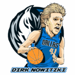 Ilustração de Dirk Nowitzki jogando basquete, vestindo o uniforme azul do Dallas Mavericks, com a bola na mão e o logotipo da equipe ao fundo.