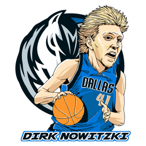 Ilustração de Dirk Nowitzki jogando basquete, vestindo o uniforme azul do Dallas Mavericks, com a bola na mão e o logotipo da equipe ao fundo.