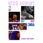 Imagem homenageando Kobe Bryant, apresentando seu nome em destaque, referências ao NBA Playoffs, e uma descrição de sua carreira na NBA. Inclui imagens de Kobe em uniforme do Los Angeles Lakers e frases sobre seu talento e conquistas, como campeonatos e prêmios individuais.