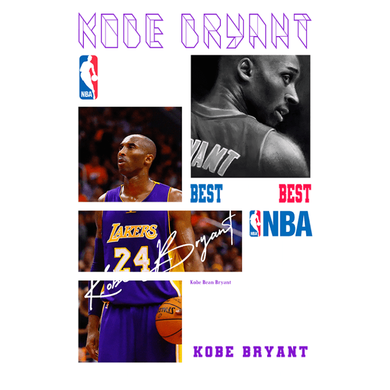 Imagem homenageando Kobe Bryant, apresentando seu nome em destaque, referências ao NBA Playoffs, e uma descrição de sua carreira na NBA. Inclui imagens de Kobe em uniforme do Los Angeles Lakers e frases sobre seu talento e conquistas, como campeonatos e prêmios individuais.