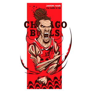 Ilustração de Joakim Noah em sua camiseta do Chicago Bulls, com um fundo vermelho vibrante e uma expressão intensa, representando a paixão pelo basquete.