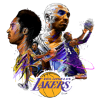 Ilustração artística dos jogadores icônicos dos Los Angeles Lakers, com destaque para Kobe Bryant, apresentando momentos memoráveis do basquete. A arte inclui uma representação dinâmica de movimentos de jogo e o logotipo oficial da equipe.