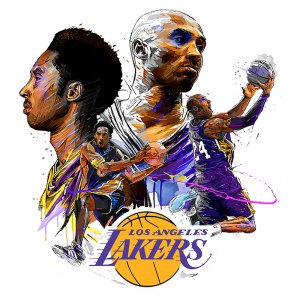 Ilustração artística dos jogadores icônicos dos Los Angeles Lakers, com destaque para Kobe Bryant, apresentando momentos memoráveis do basquete. A arte inclui uma representação dinâmica de movimentos de jogo e o logotipo oficial da equipe.