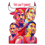 Arte colorida de "The Last Dance" com os jogadores Michael Jordan, Scottie Pippen e o treinador Phil Jackson. Estilo moderno e geométrico, destacando a história dos Chicago Bulls na NBA.