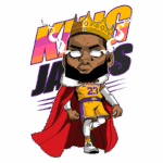 Ilustração de um personagem em estilo cartoon representando um jogador de basquete, usando a camisa do Los Angeles Lakers, com a coroa na cabeça e um manto vermelho, simbolizando o título "Rei James".