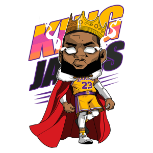 Ilustração de um personagem em estilo cartoon representando um jogador de basquete, usando a camisa do Los Angeles Lakers, com a coroa na cabeça e um manto vermelho, simbolizando o título "Rei James".