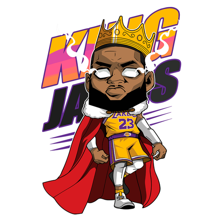 Ilustração de um personagem em estilo cartoon representando um jogador de basquete, usando a camisa do Los Angeles Lakers, com a coroa na cabeça e um manto vermelho, simbolizando o título "Rei James".