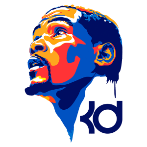 Ilustração vibrante de um jogador de basquete olhando para cima, com cores vivas e estilizadas, incluindo elementos gráficos da sigla "KD", representando Kevin Durant.