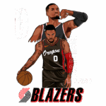 Ilustração de Damian Lillard, jogador de basquete do Portland Trail Blazers, apresentando-se em duas poses diferentes. Lillard está vestindo um uniforme preto com detalhes vermelhos e a palavra "Oregon" na camiseta, enquanto sua camiseta exibe o número 0. A imagem destaca seu estilo de jogo e a conexão com a equipe.