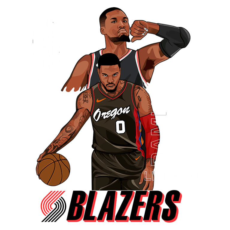 Ilustração de Damian Lillard, jogador de basquete do Portland Trail Blazers, apresentando-se em duas poses diferentes. Lillard está vestindo um uniforme preto com detalhes vermelhos e a palavra "Oregon" na camiseta, enquanto sua camiseta exibe o número 0. A imagem destaca seu estilo de jogo e a conexão com a equipe.
