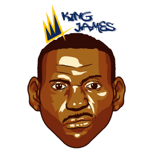Ilustração do rosto de LeBron James, conhecido como "King James", com uma coroa estilizada acima do nome. O fundo é na cor verde, destacando a arte digital.