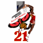 Imagem do jogador Dominique Wilkins em ação com a bola de basquete, destacando o logotipo do Atlanta Hawks e o número 21.
