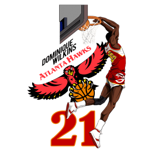 Imagem do jogador Dominique Wilkins em ação com a bola de basquete, destacando o logotipo do Atlanta Hawks e o número 21.