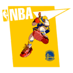 Ilustração de jogador de basquete em ação, vestido com uniforme do Golden State Warriors, segurando uma bola da NBA, em fundo amarelo com logotipo da liga.