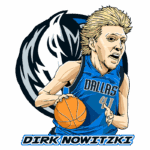 Ilustração de Dirk Nowitzki jogando basquete, usando uniforme azul do Dallas Mavericks, com o logotipo da equipe ao fundo.