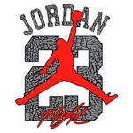 Design gráfico do logo Jordan, apresentando a silhueta de um atleta em movimento, com o número 23 em destaque e a palavra "Flight". Ideal para fãs de basquete e moda urbana.