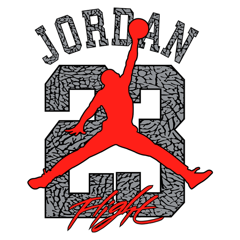 Design gráfico do logo Jordan, apresentando a silhueta de um atleta em movimento, com o número 23 em destaque e a palavra "Flight". Ideal para fãs de basquete e moda urbana.