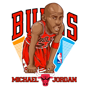 Ilustração de Michael Jordan vestido com o uniforme do Chicago Bulls, destacando-se em uma pose dinâmica, com o logotipo da NBA ao fundo. Ideal para representar a iconografia do basquete e a carreira lendária de Jordan.