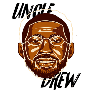 Ilustração do personagem Uncle Drew, com rosto sorridente, barba e óculos, destacando seu charme e estilo no basquete. O fundo traz o nome "UNCLE DREW" em letras estilizadas.