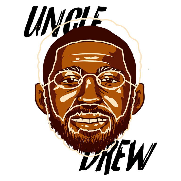 Ilustração do personagem Uncle Drew, com rosto sorridente, barba e óculos, destacando seu charme e estilo no basquete. O fundo traz o nome "UNCLE DREW" em letras estilizadas.