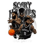 Ilustração de Kyrie Irving em um design gráfico, destacando três poses do jogador de basquete com a bola e a frase "Scary Hours". O jogador está vestindo o uniforme do Brooklyn Nets, enfatizando suas habilidades e estilo no basquete.