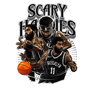 Ilustração de Kyrie Irving em um design gráfico, destacando três poses do jogador de basquete com a bola e a frase "Scary Hours". O jogador está vestindo o uniforme do Brooklyn Nets, enfatizando suas habilidades e estilo no basquete.