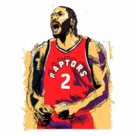 Ilustração de jogador de basquete com uniforme vermelho dos Toronto Raptors, expressando emoção. O número 2 é visível no uniforme, destacando sua equipe. A arte é vibrante e apresenta traços dinâmicos que capturam a intensidade do jogo.