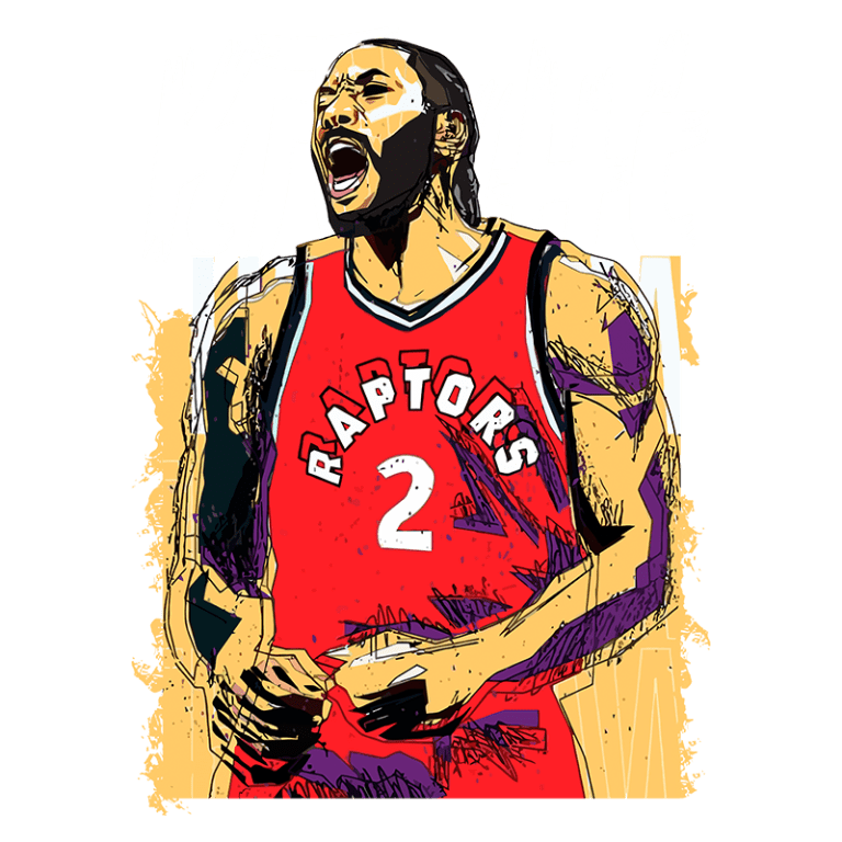 Ilustração de jogador de basquete com uniforme vermelho dos Toronto Raptors, expressando emoção. O número 2 é visível no uniforme, destacando sua equipe. A arte é vibrante e apresenta traços dinâmicos que capturam a intensidade do jogo.