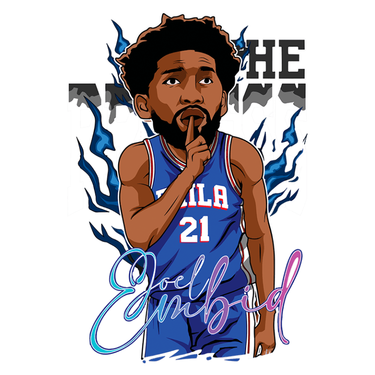 Imagem de Joel Embiid, jogador da NBA, em uma arte ilustrativa. Ele está vestido com o uniforme do Philadelphia 76ers, mostrando um gesto de "silêncio" com o dedo na boca. O fundo apresenta elementos gráficos em azul e preto, destacando seu nome e a frase "THE PROCESS". A ilustração enfatiza sua expressão de confiança e poder.
