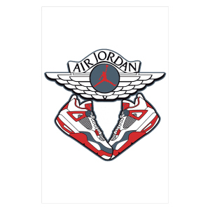 Logo da marca Air Jordan com tênis Air Jordan 4 embaixo, destacando a frase "The Air Flight Official Brand Clothing". Ideal para coleção de moda esportiva.