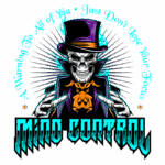 Ilustração de um esqueleto usando um chapéu de cilindro e uma roupa elegante, com o texto "Mind Control" em destaque. O design inclui elementos coloridos e chamativos, transmitindo uma sensação de advertência e concentração.