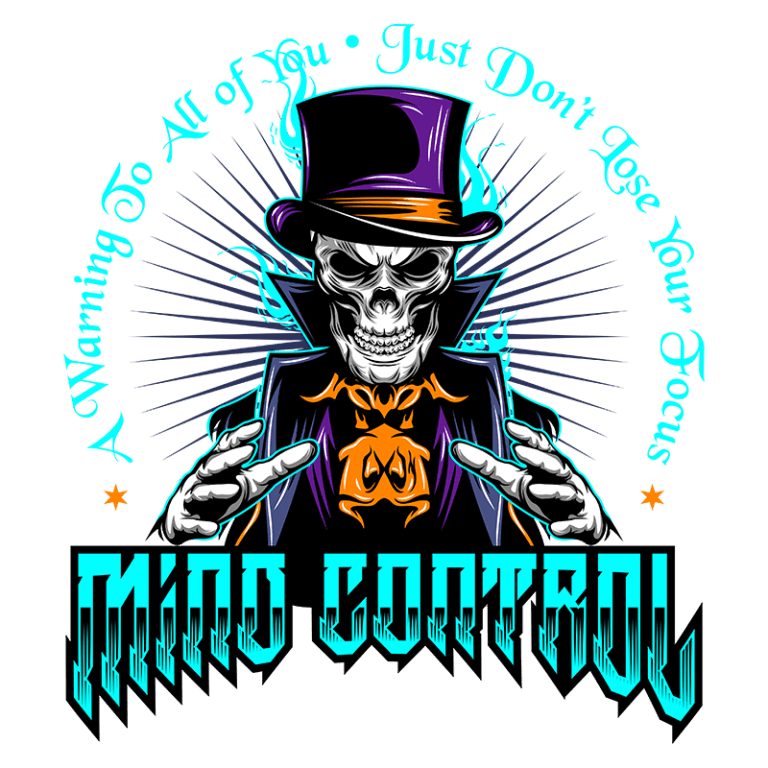 Ilustração de um esqueleto usando um chapéu de cilindro e uma roupa elegante, com o texto "Mind Control" em destaque. O design inclui elementos coloridos e chamativos, transmitindo uma sensação de advertência e concentração.