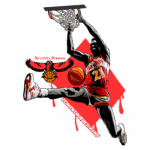 Jogador Dominique Wilkins em ação slam dunk, usando a camisa do Atlanta Hawks. O fundo apresenta o logo da equipe e uma bola de basquete, simbolizando sua contribuição ao time e à NBA.