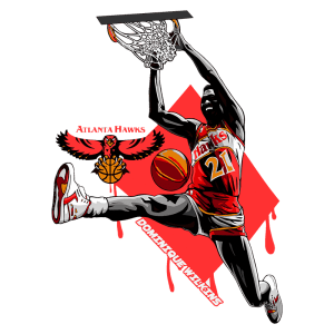 Jogador Dominique Wilkins em ação slam dunk, usando a camisa do Atlanta Hawks. O fundo apresenta o logo da equipe e uma bola de basquete, simbolizando sua contribuição ao time e à NBA.