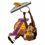 Ilustração de um jogador de basquete fazendo uma enterrada, vestindo o uniforme amarelo do Los Angeles Lakers, com o logo da equipe ao fundo. A imagem destaca a energia e a emoção do esporte, capturando um momento icônico do basquete.