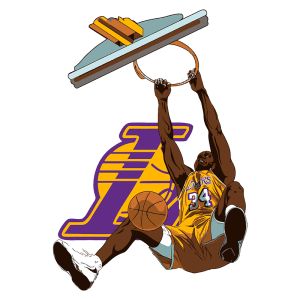 Ilustração de um jogador de basquete fazendo uma enterrada, vestindo o uniforme amarelo do Los Angeles Lakers, com o logo da equipe ao fundo. A imagem destaca a energia e a emoção do esporte, capturando um momento icônico do basquete.