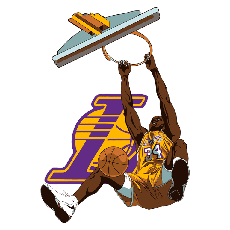 Ilustração de um jogador de basquete fazendo uma enterrada, vestindo o uniforme amarelo do Los Angeles Lakers, com o logo da equipe ao fundo. A imagem destaca a energia e a emoção do esporte, capturando um momento icônico do basquete.