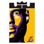 Imagem digital estilizada de um jogador de basquete com uma barba proeminente, destacando os uniformes da equipe Los Angeles Lakers em tons roxos e amarelos. A arte apresenta um design impactante com ênfase no rosto do atleta, transmitindo energia e dinamismo. Ideal para fãs e colecionadores de memorabilia esportiva.