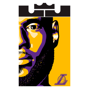 Imagem digital estilizada de um jogador de basquete com uma barba proeminente, destacando os uniformes da equipe Los Angeles Lakers em tons roxos e amarelos. A arte apresenta um design impactante com ênfase no rosto do atleta, transmitindo energia e dinamismo. Ideal para fãs e colecionadores de memorabilia esportiva.