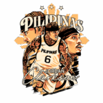 Arte estilizada de Jordan Clarkson em uniforme da seleção das Filipinas, destacando o número 6, com elementos gráficos que incluem retratos e estrelas, representando seu papel no basquete.