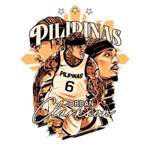 Arte estilizada de Jordan Clarkson em uniforme da seleção das Filipinas, destacando o número 6, com elementos gráficos que incluem retratos e estrelas, representando seu papel no basquete.